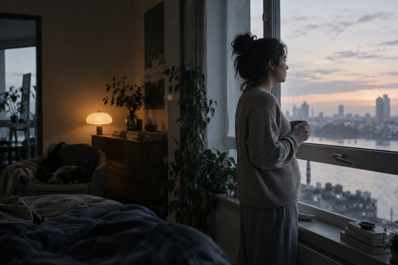 A person quietly looking through a window at dawn